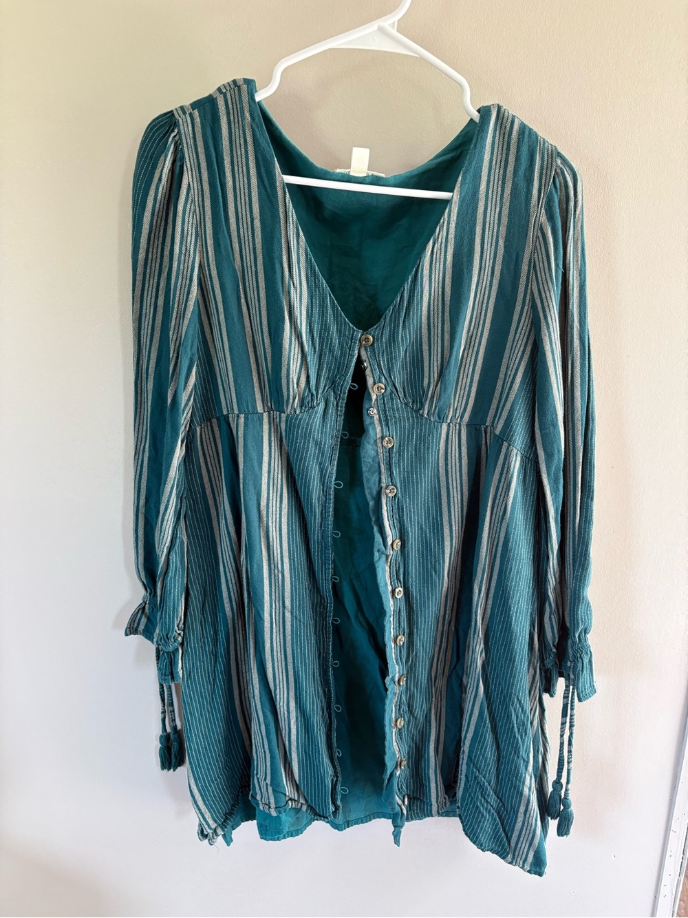 Striped Teal Button-Front Women's Dress/ long top